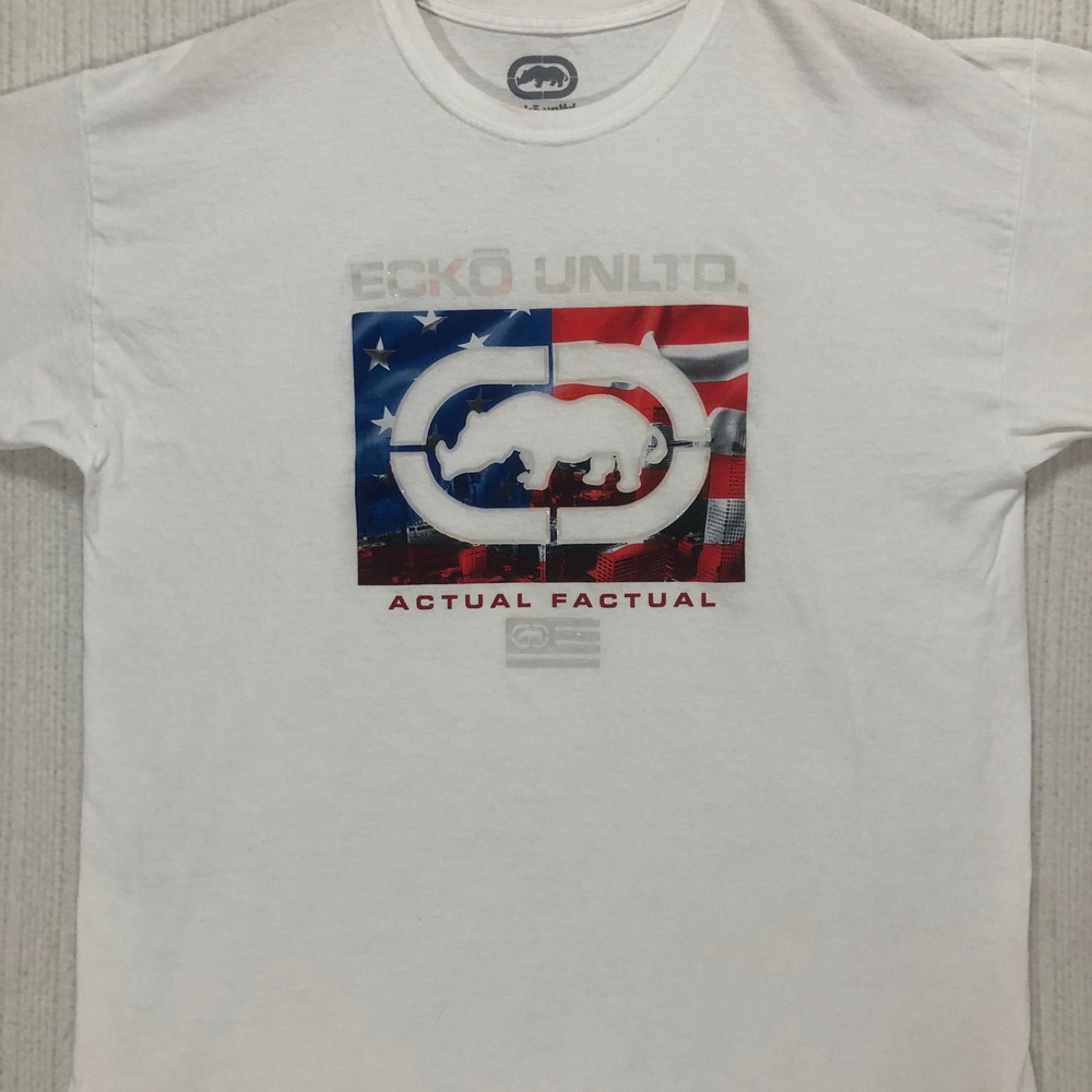 Ecko Unltd Mens XL White Graphic T-Shirt Actual Factual Rhino American Flag Logo